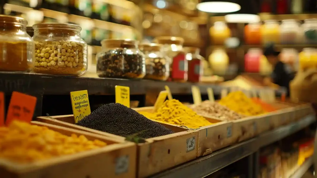 Close-up of cumin seeds, black salt, and dry mango powder in open containers at a colorful Indian spice market with a shopper’s hand picking ingredients.