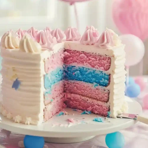 Gender reveal cake being sliced to reveal pink or blue filling, surrounded by pastel decorations and celebrating guests.