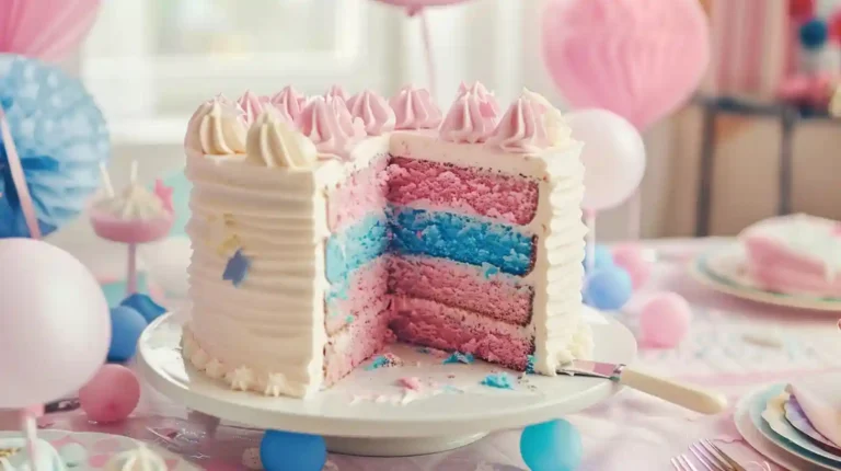 Gender reveal cake being sliced to reveal pink or blue filling, surrounded by pastel decorations and celebrating guests.