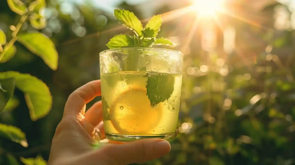Overhead view of nearly empty Jaljeera glass with melted ice, mint residue, and a lemon slice, fingers resting nearby on a vintage kitchen table with sunlight.