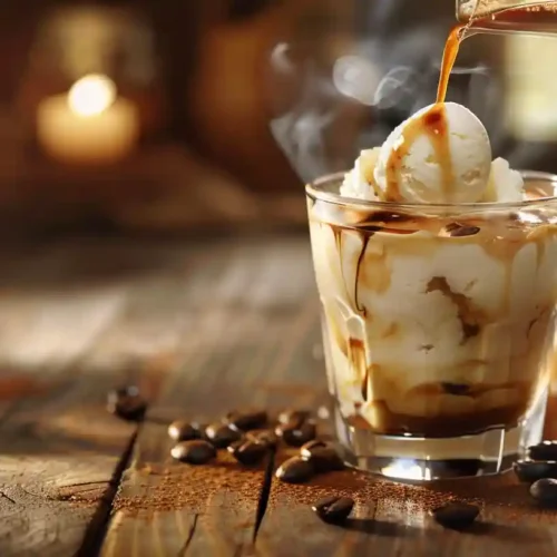 Affogato dessert with vanilla ice cream and hot espresso in a clear glass cup on a rustic wooden table, coffee beans scattered around, soft natural lighting, cozy café atmosphere.