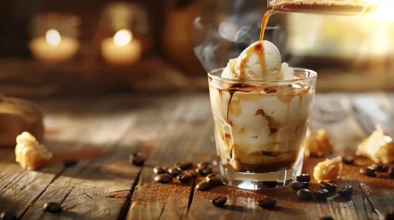 Affogato dessert with vanilla ice cream and hot espresso in a clear glass cup on a rustic wooden table, coffee beans scattered around, soft natural lighting, cozy café atmosphere.