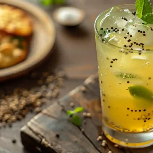 Refreshing Jaljeera Drink in a glass with mint and lemon, served with Indian snacks on a wooden table.