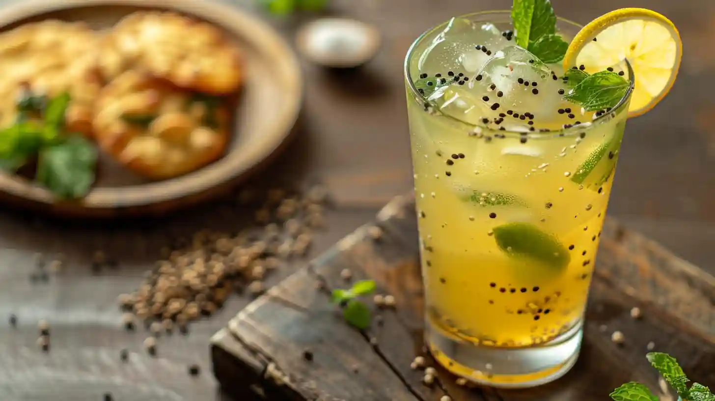 Refreshing Jaljeera Drink in a glass with mint and lemon, served with Indian snacks on a wooden table.
