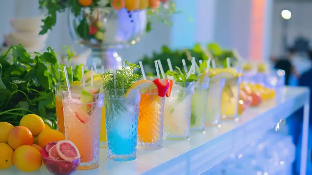 Mocktail bar setup at a lively event with guests creating non-alcoholic cocktails, featuring crystal-clear glasses, fresh fruit garnishes, herbs, and decorative straws in a soft-lit, inviting atmosphere.