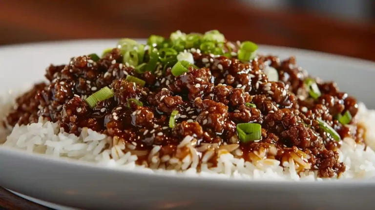 Mongolian ground beef served over steamed white rice, topped with green onions and sesame seeds, on a wooden table.