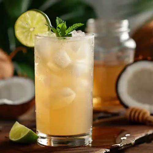 Mounjaro Recipe drink with coconut water, lime juice, ice, and mint served in a glass on a rustic wooden table.