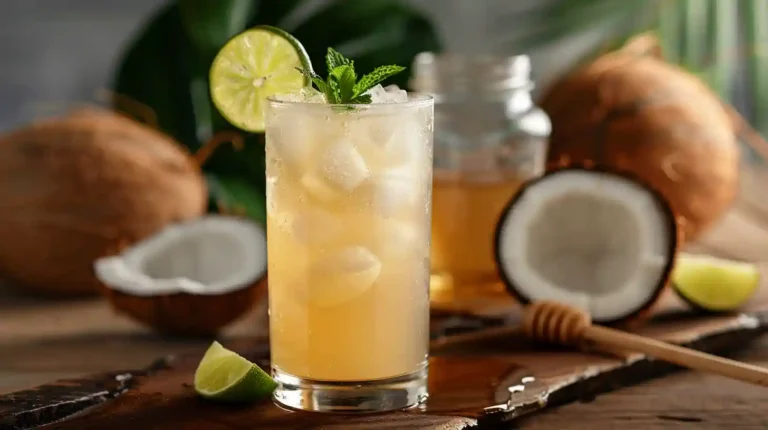 Mounjaro Recipe drink with coconut water, lime juice, ice, and mint served in a glass on a rustic wooden table.