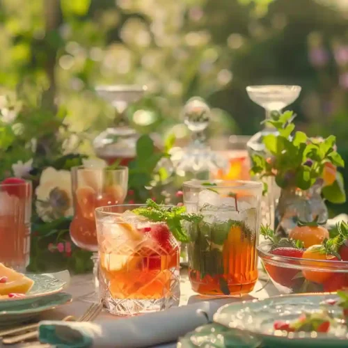 Elegant garden party table with colorful non-alcoholic cocktails in stylish glasses, garnished with fresh fruit, mint, and herbs. A diverse group of happy adults casually mingling and enjoying drinks in soft natural lighting.