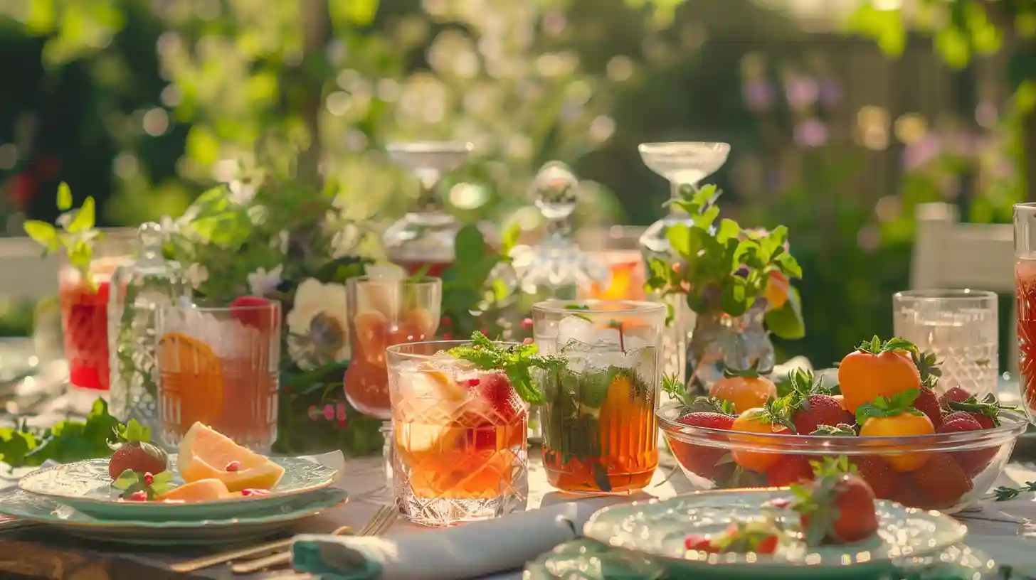 Elegant garden party table with colorful non-alcoholic cocktails in stylish glasses, garnished with fresh fruit, mint, and herbs. A diverse group of happy adults casually mingling and enjoying drinks in soft natural lighting.