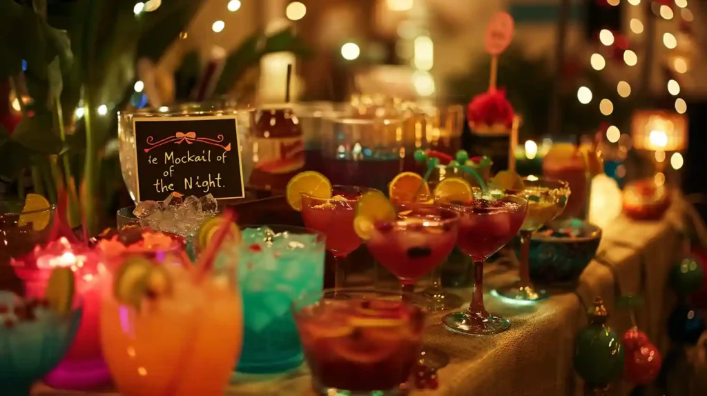 Indoor party with a diverse drink tasting table featuring colorful mocktails in unique glasses. Guests sampling drinks and providing feedback with fun signage like 'Mocktail of the Night,' warm lighting creating an inviting atmosphere.