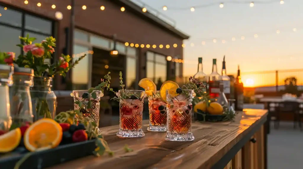 Stylish rooftop party at sunset with guests enjoying elegant non-alcoholic cocktails in crystal glasses, garnished with citrus slices, berries, and herbs. Warm string lights create a cozy, upscale ambiance as laughter fills the air.