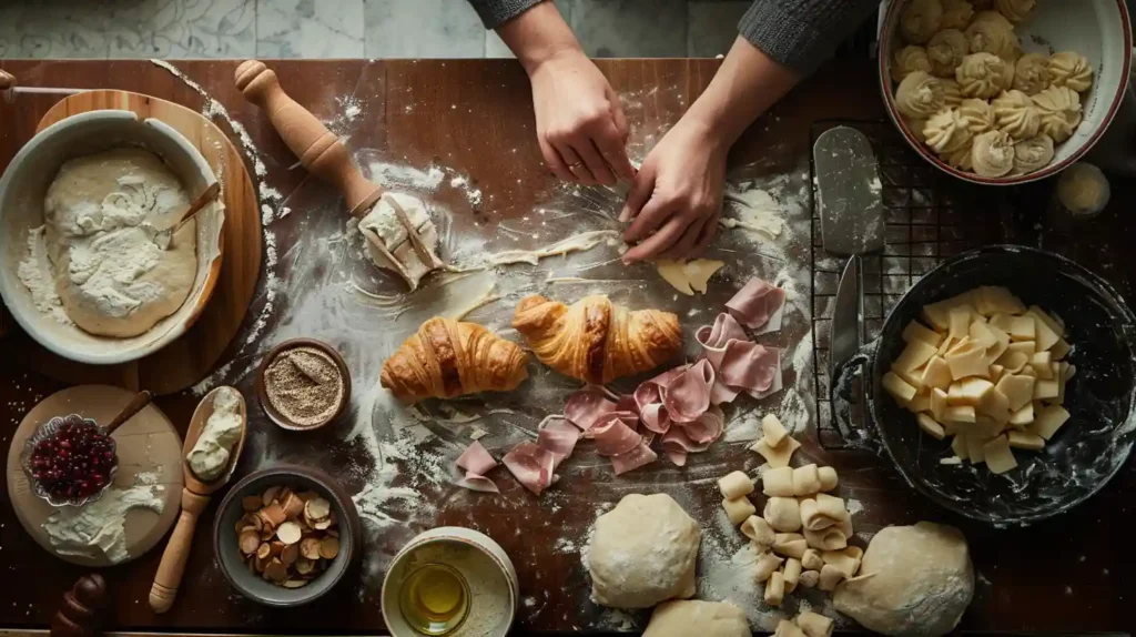 Step-by-step overhead of ham and cheese croissant preparation with dough rolling and layering on a home kitchen counter.