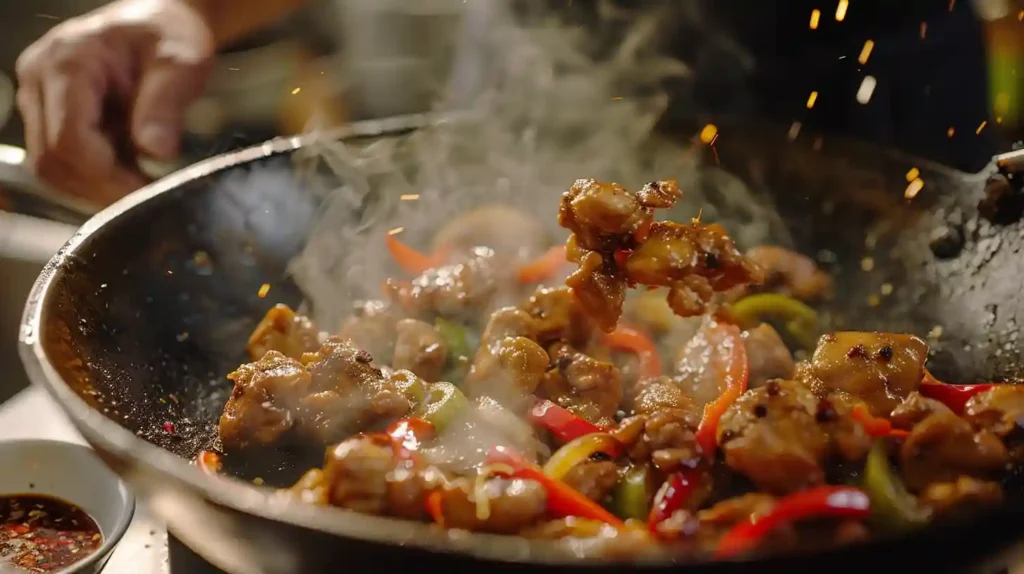 Chef stir-frying juicy Black Pepper Chicken with peppers and onions in a hot wok, steam rising, motion blur capturing the action and flavor.