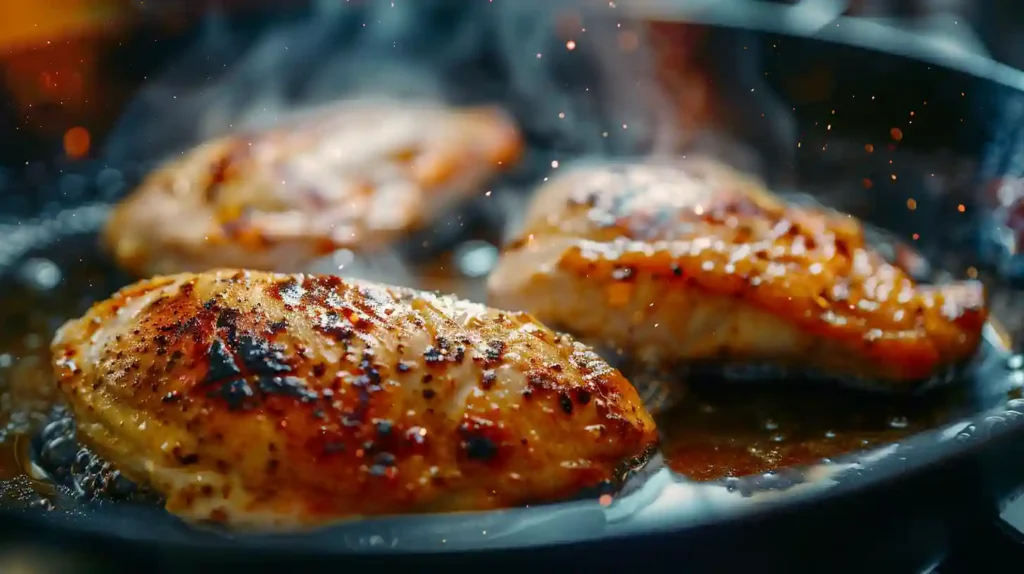 Juicy chicken breast recipe cooking in a cast-iron skillet with sizzling oil and golden crust, meat thermometer inserted, steam rising.