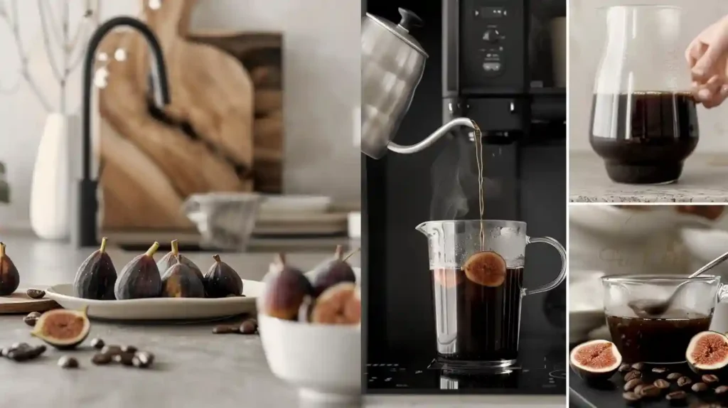 Collage of sliced figs roasting in the oven, brewing coffee, pouring coffee into a cup, and adding roasted figs in a clean, bright kitchen.