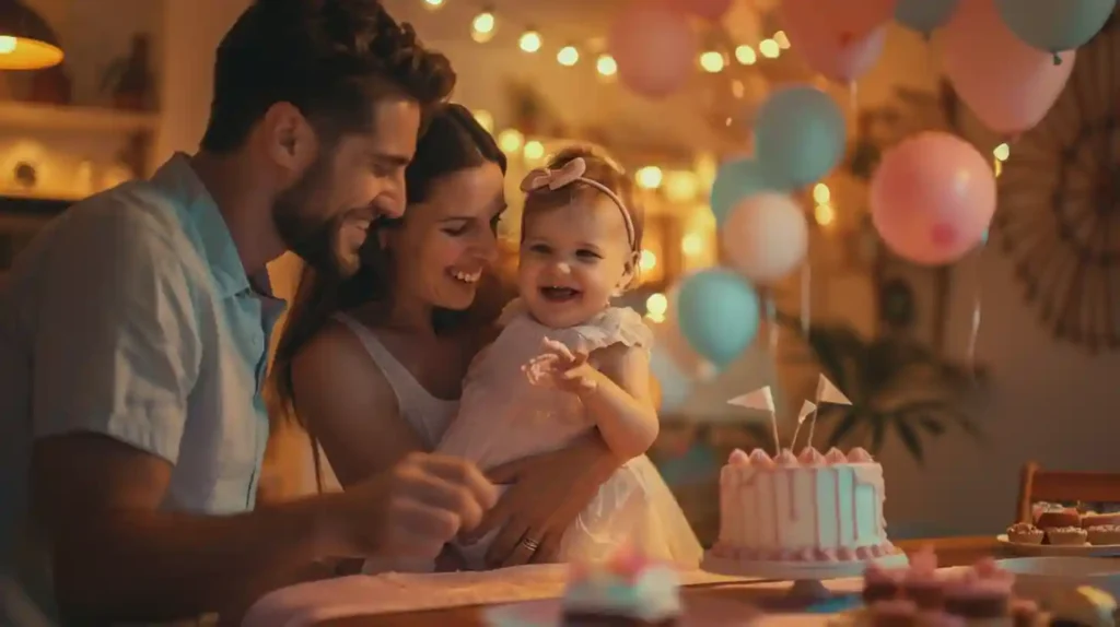 Happy family celebrating around gender reveal cake with colorful decorations and golden hour lighting.