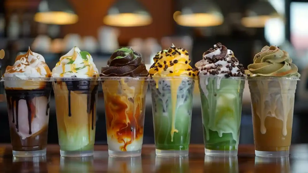 Variety of ice cream coffee flavors in clear cups: matcha ice cream with coffee, salted caramel swirl, mocha chip, and lavender espresso, displayed in a vibrant, artistic café-style setting.