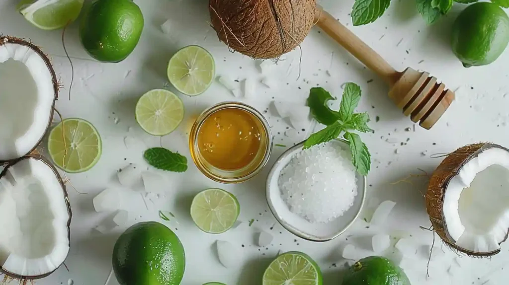 Flat lay of Mounjaro Recipe ingredients: fresh coconuts, limes, raw honey, sea salt, and mint on a rustic table.