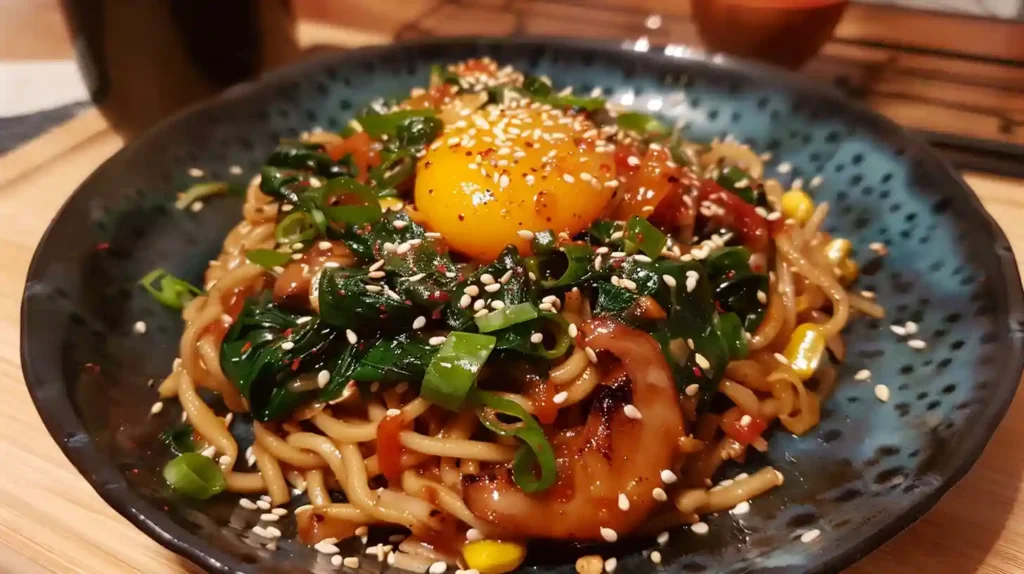 A black ceramic plate of saucy ramen noodles topped with a raw egg yolk, wilted spinach, a seared shrimp, chopped scallions, and sesame seeds, set on a wooden board.