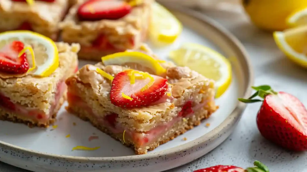 Soft-focus photo of an empty dessert plate with crumbs, a fork, lemon zest, and a strawberry slice, next to an open recipe card in cozy kitchen lighting.