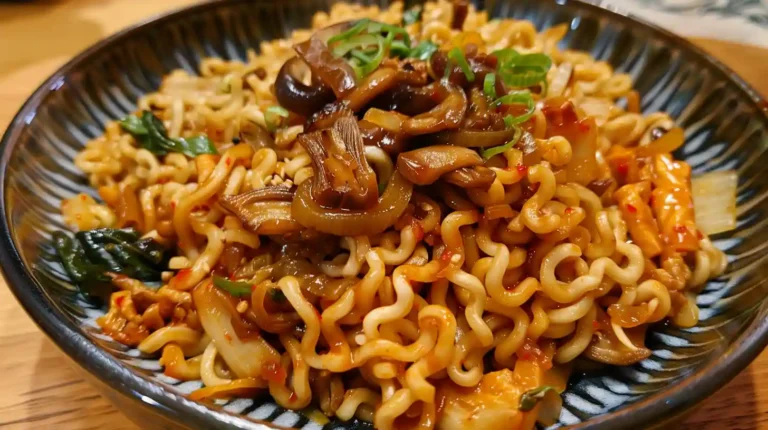A bowl of saucy ramen noodles topped with mushrooms, chopped scallions, and vegetables.