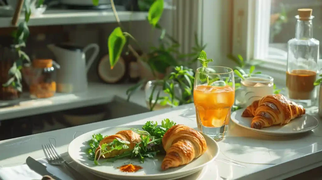 Quick meal with ham and cheese croissants, green salad, and iced tea on a kitchen island in natural light.