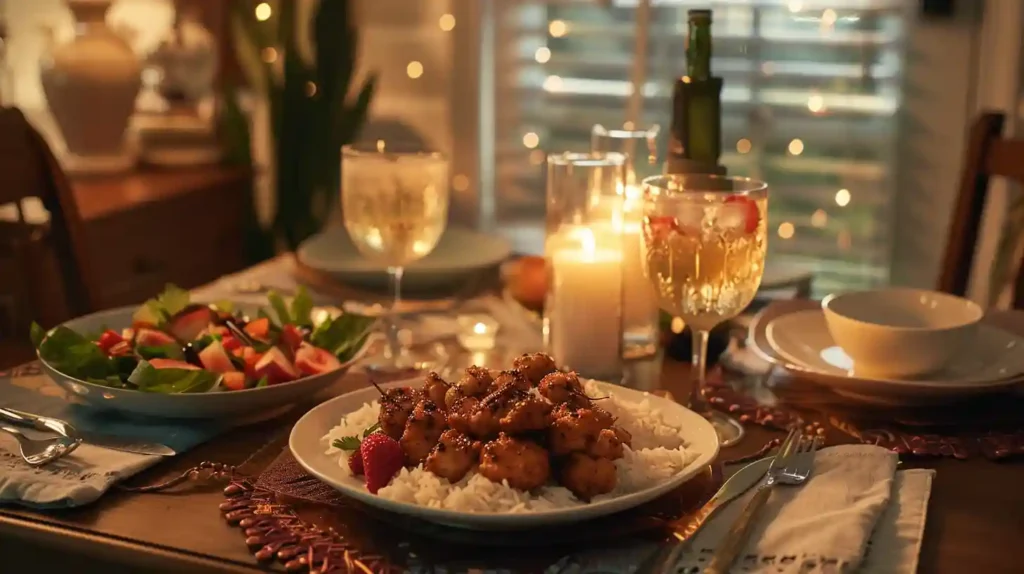Cozy dinner table set for two with Black Pepper Chicken, jasmine rice, strawberry crunch salad, and non-alcohol cocktails, softly lit with candles.