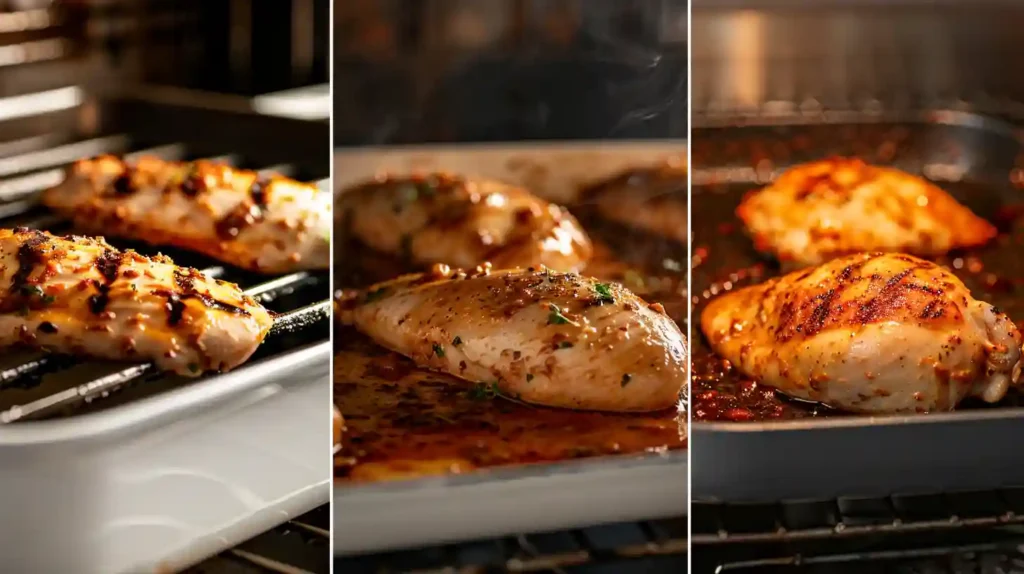 Three cooking methods for chicken breast: grilling with sear marks, baking in a ceramic dish, and sautéing in a pan, shown side by side.