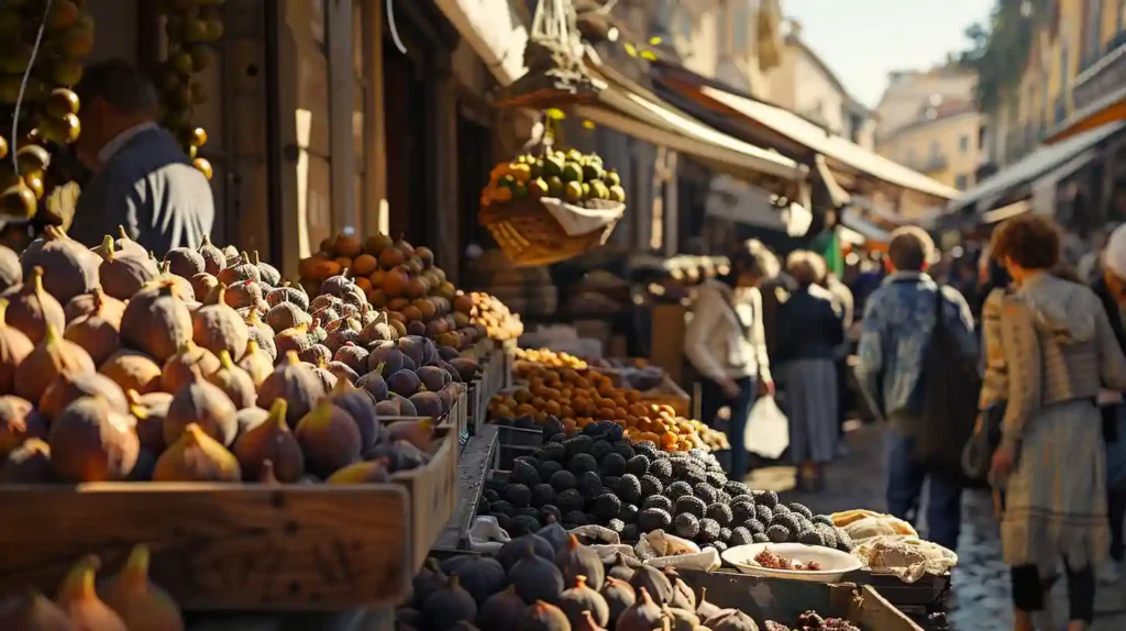 Vendor’s stall at a market filled with fresh and dried figs, close-up of plump figs, shoppers browsing under warm daylight in a vibrant, natural market setting.