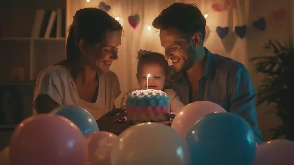Emotional family gathered around gender reveal cake with pink and blue filling, soft lighting and thoughtful atmosphere.