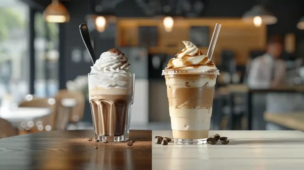 Split-scene image: one half showing ice cream coffee served in a dessert glass with a spoon, the other half in a to-go cup with a lid and straw, contrasting café table and office desk backgrounds.