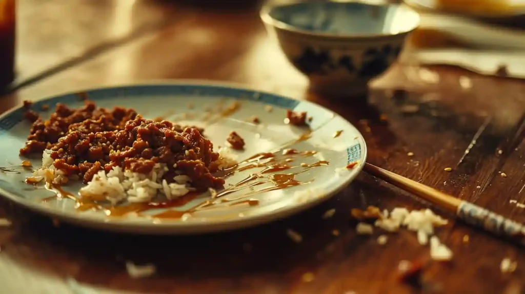 Empty dinner plate with Mongolian ground beef and rice remnants, chopsticks resting on a bowl on a rustic wooden table.
