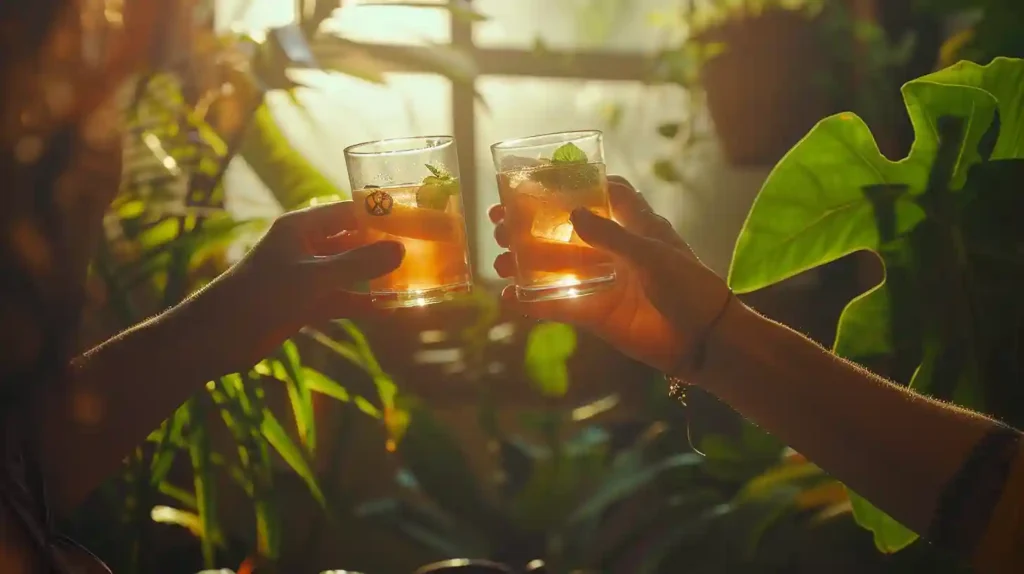 Young adult drinking Mounjaro Recipe after workout in park, with sports gear in background.