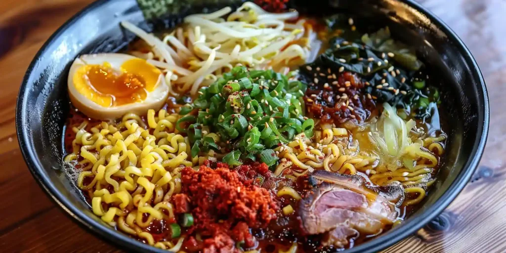 A black bowl of saucy ramen noodles topped with a soft-boiled egg half, bean sprouts, seaweed, chopped scallions, sesame seeds, spicy chili paste, and a slice of pork in a rich broth.