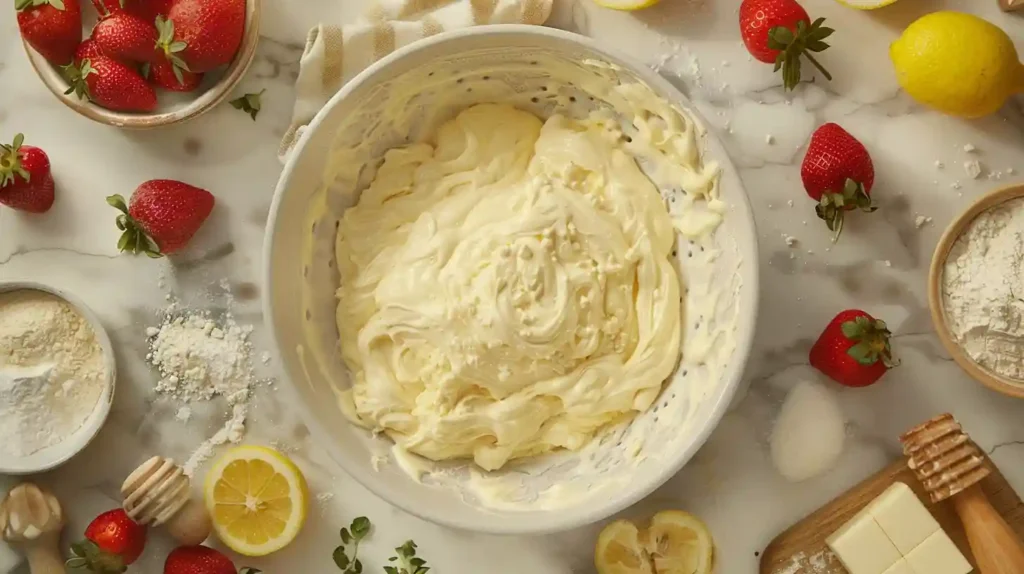 Overhead flat lay of baking ingredients including fresh strawberries, lemons, flour, sugar, butter, mixing bowl with blondie batter, and a partially prepared blondie tray on a kitchen counter.
