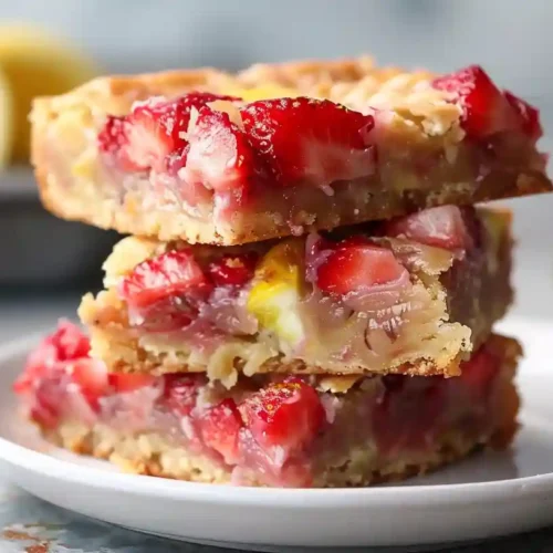 Top-down photo of freshly baked strawberry lemon blondies with golden edges, chunks of strawberries, lemon glaze, powdered sugar, and mint garnish on a rustic white plate.