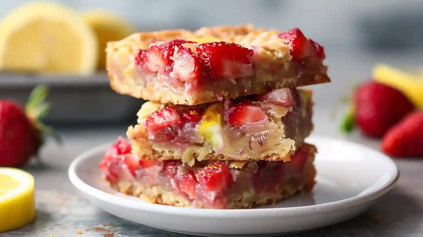 Top-down photo of freshly baked strawberry lemon blondies with golden edges, chunks of strawberries, lemon glaze, powdered sugar, and mint garnish on a rustic white plate.
