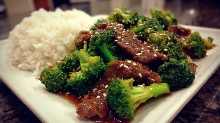 A plate of Chinese Beef and Broccoli stir-fry with beef strips and broccoli served with white rice, garnished with sesame seeds.