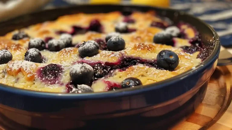 Freshly baked blueberry buttermilk pancake casserole in a blue ceramic dish, topped with whole blueberries and powdered sugar.