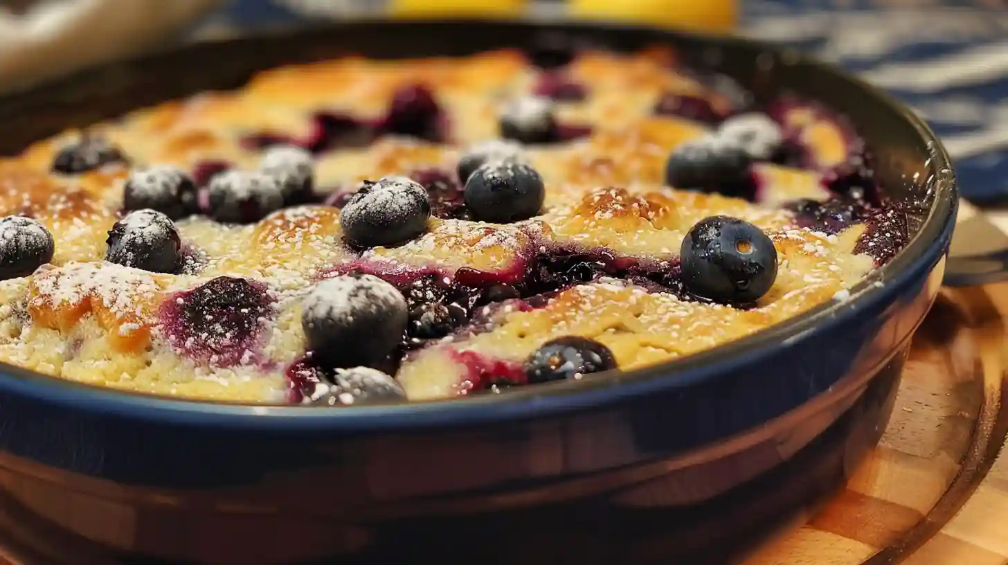 Freshly baked blueberry buttermilk pancake casserole in a blue ceramic dish, topped with whole blueberries and powdered sugar.