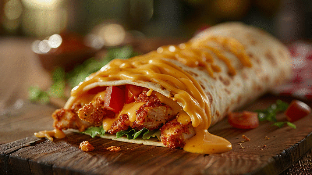 Close-up of a cheesy chicken wrap drizzled with melted cheddar cheese on a rustic wooden board, revealing seasoned chicken pieces, lettuce, and tomato inside a toasted tortilla.