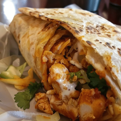 Close-up of a Chicken Wrap filled with shredded seasoned chicken, melted cheddar cheese, and fresh cilantro in a toasted tortilla.