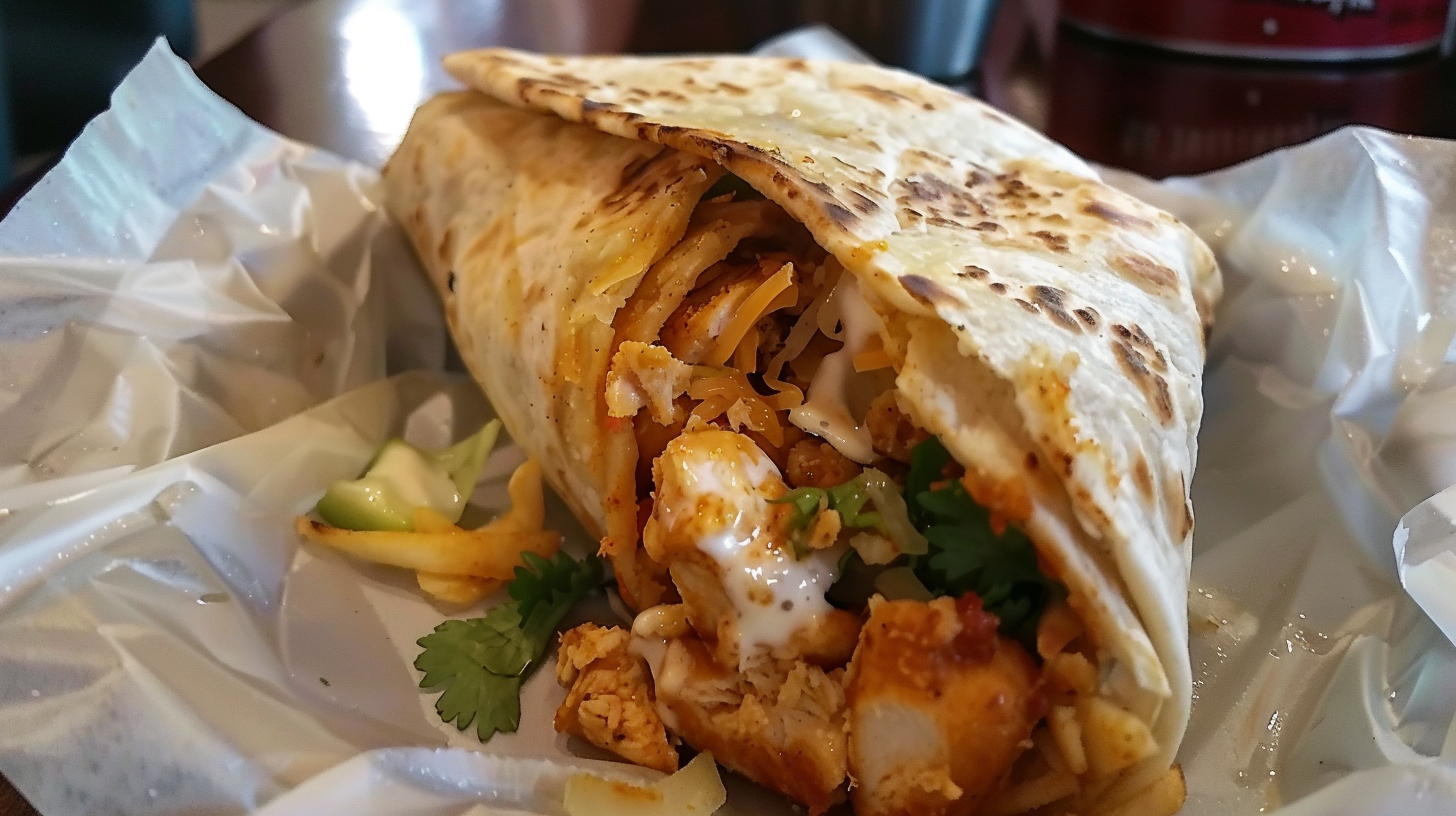 Close-up of a Chicken Wrap filled with shredded seasoned chicken, melted cheddar cheese, and fresh cilantro in a toasted tortilla.