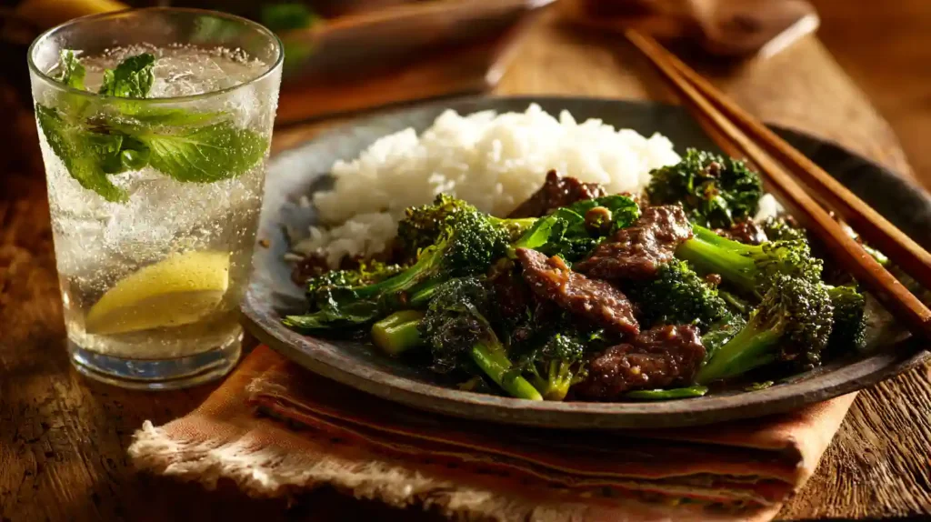 A plate of Beef and Broccoli stir-fry with tender beef, broccoli, and steamed rice, paired with a refreshing glass of sparkling water with mint and lemon.