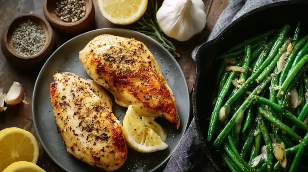 Seared garlic butter chicken breasts on a plate with lemon wedges, served beside a skillet of sautéed green beans with garlic and herbs.