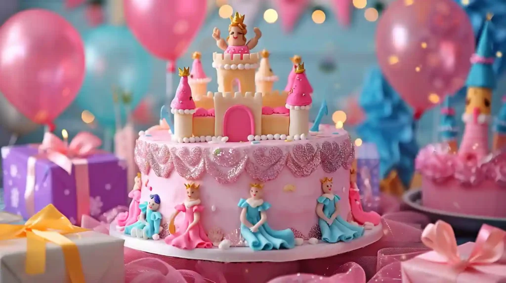 Pink princess birthday cake decorated with fondant princesses, a castle topper, and surrounded by balloons and gifts.