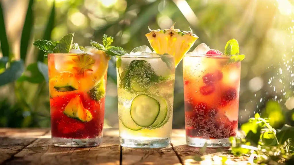Three colorful summer drinks with fresh fruits, mint, and ice in tall glasses on a wooden surface with sun rays and green foliage.