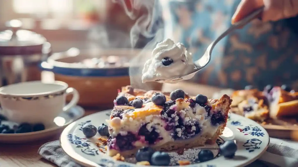 A warm slice of blueberry buttermilk pancake casserole on a vintage plate, topped with whipped cream and blueberries, steam rising.