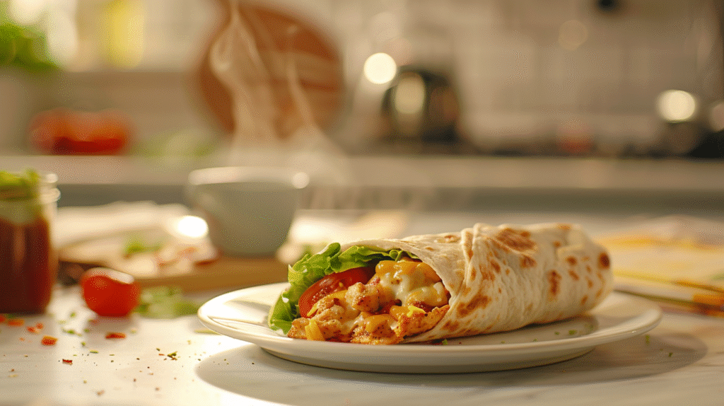 A warm, steamed Chicken Wrap on a white plate, filled with melted cheese, grilled chicken, fresh lettuce, and tomato.